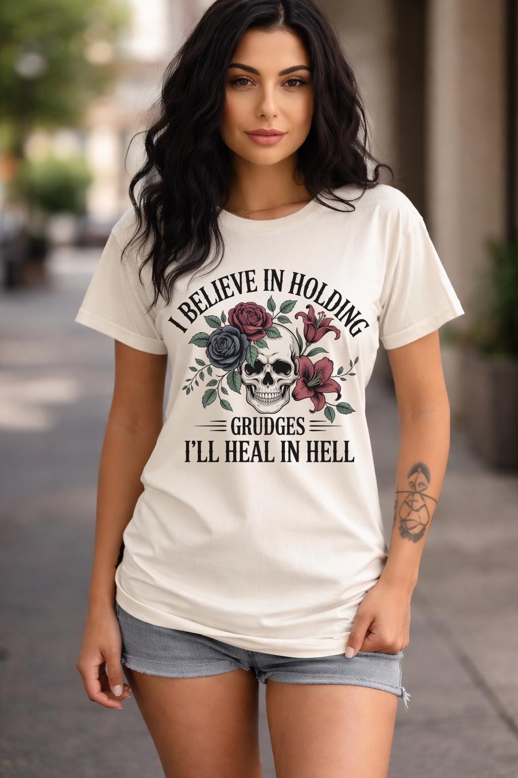 Dark humor skull shirt with red and blue roses, gothic statement tee with sarcastic quote, alternative fashion grunge outfit