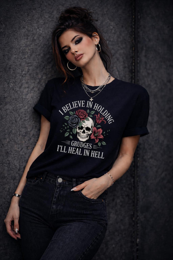 Dark gothic skull and roses tee with bold grudge quote, edgy grunge shirt