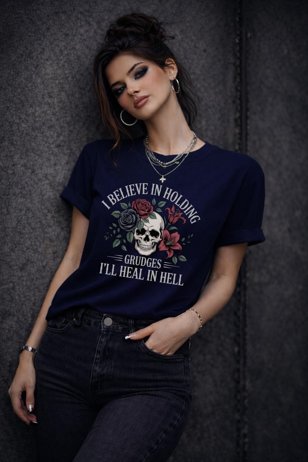 Dark gothic skull and roses tee with bold grudge quote, edgy grunge shirt