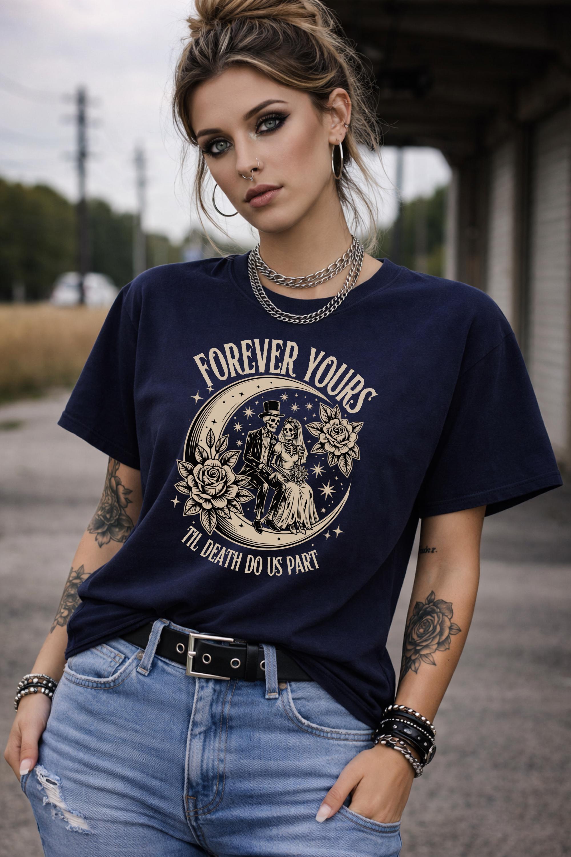 Skeleton bride groom shirt forever yours gothic design black tee worn in edgy street style