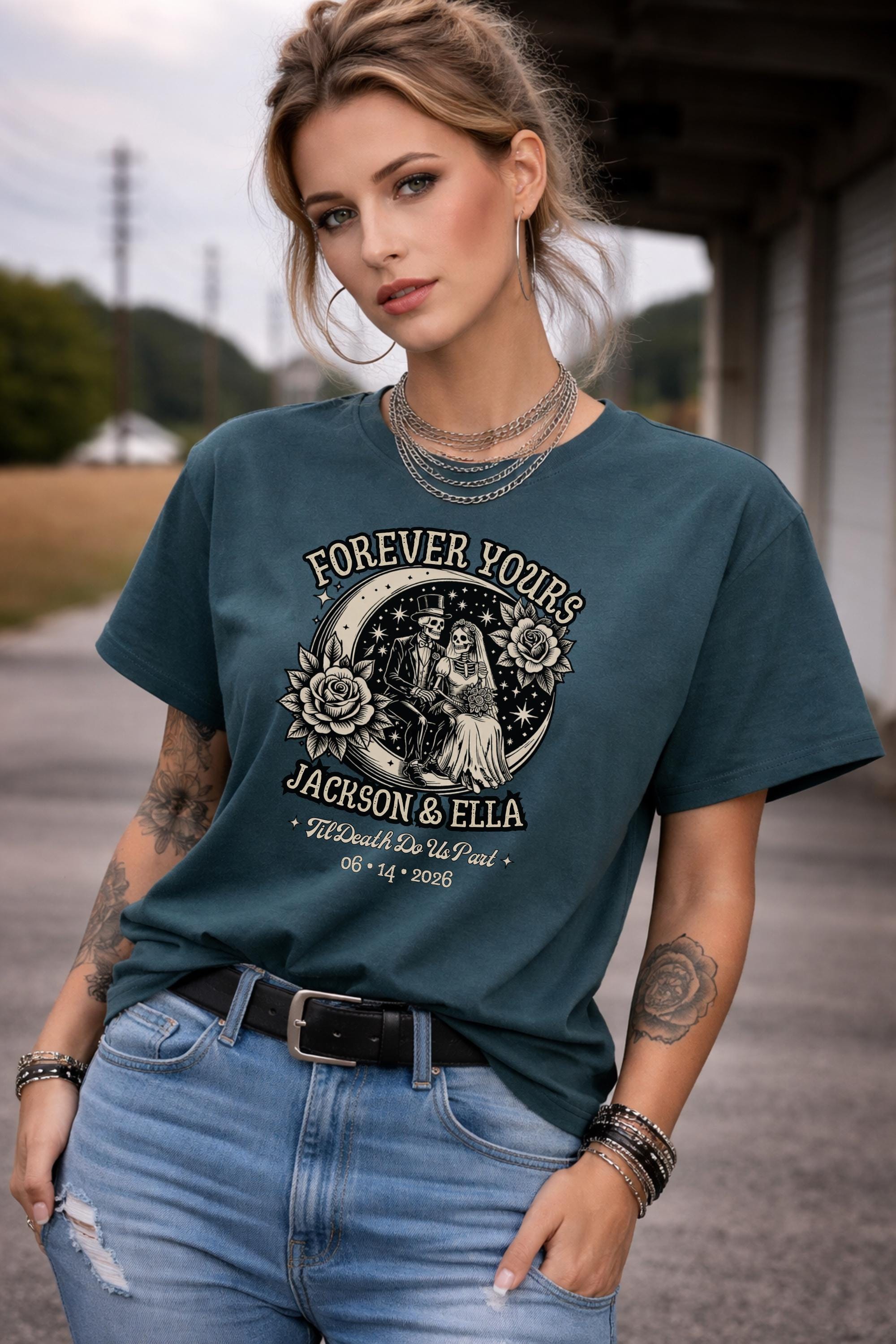 Alternative wedding shirt gothic skeleton couple with custom names and date dark aesthetic clothing