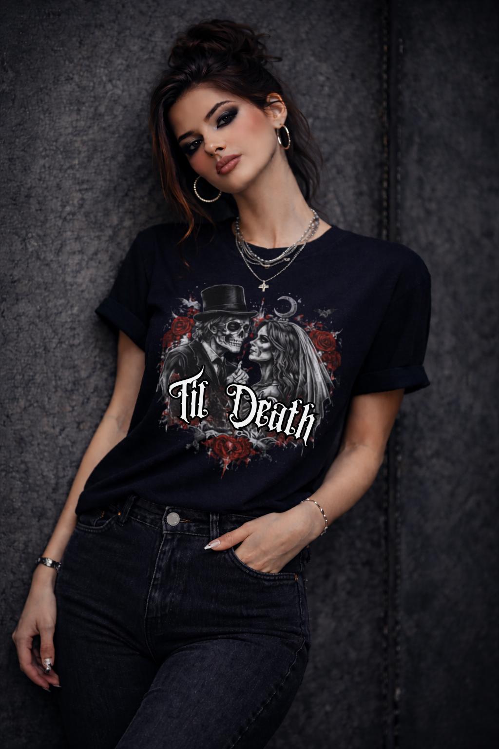 Dark aesthetic Til Death shirt skeleton couple design black grunge fashion look