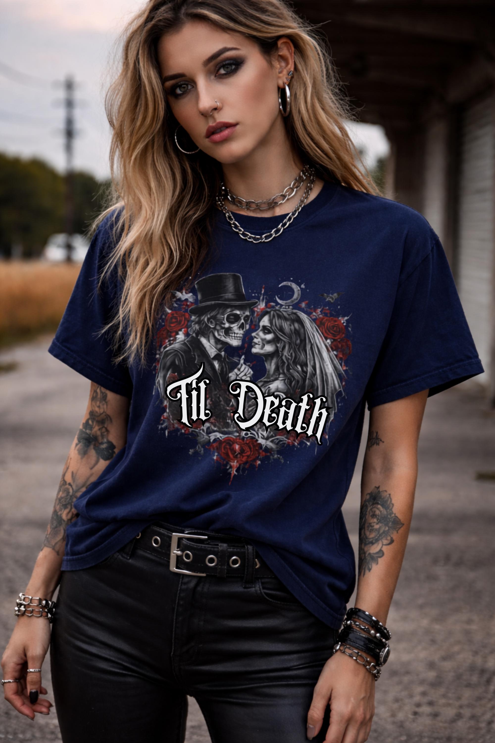 Skeleton bride groom shirt gothic aesthetic black tee with red roses worn by model