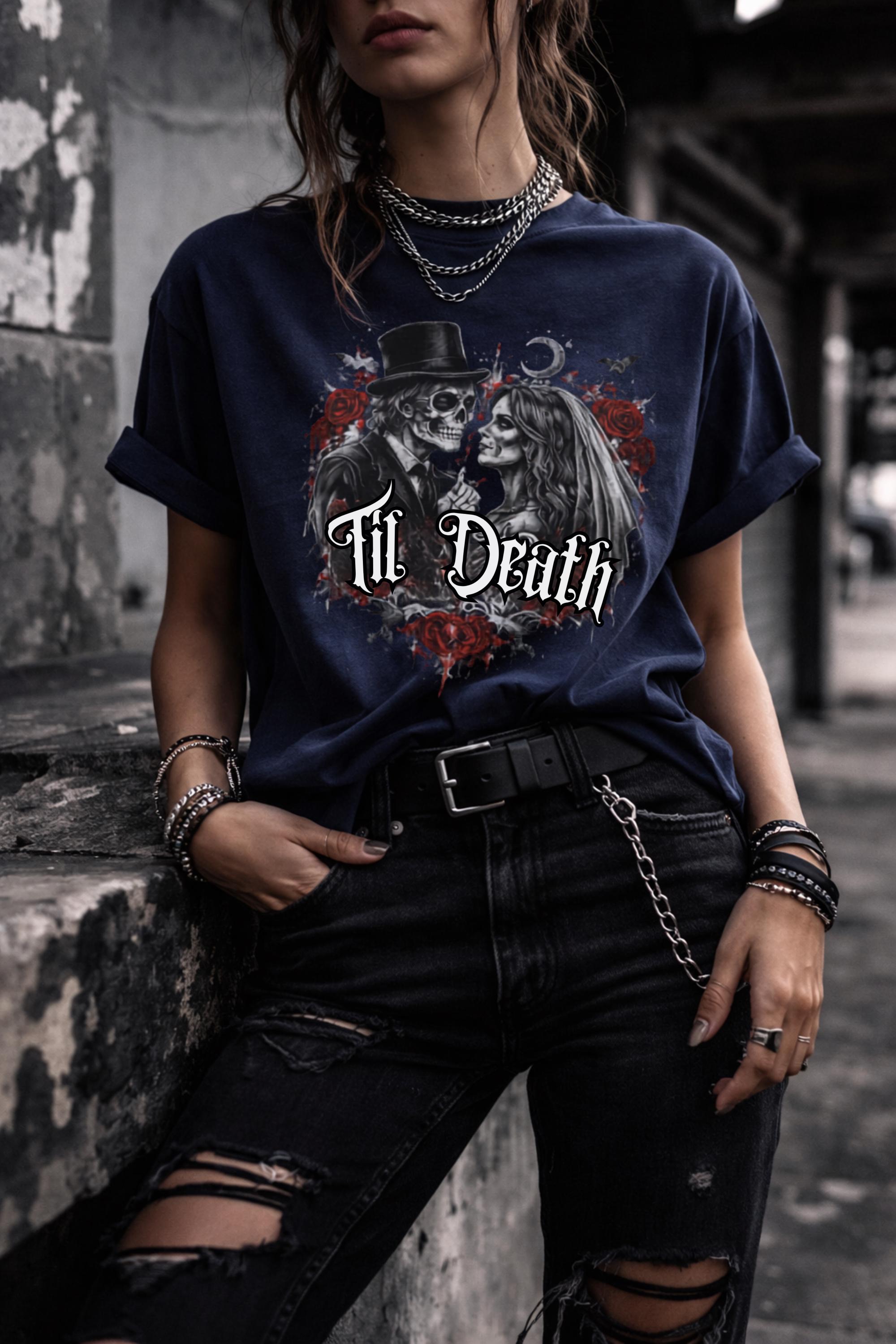 Gothic Til Death shirt featuring skeleton bride and groom with roses black alternative fashion outfit