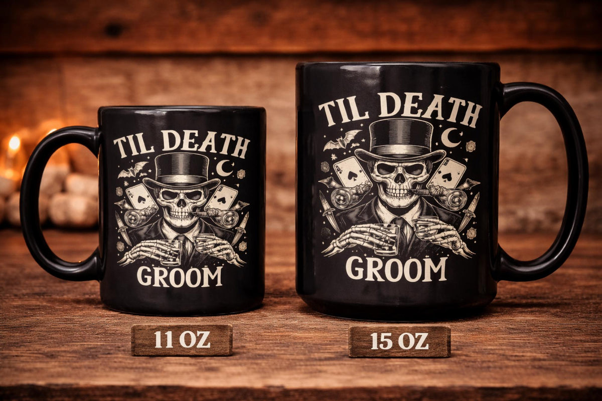 Dark romance mug set with skull bride and groom illustration til death text black ceramic cups for couples