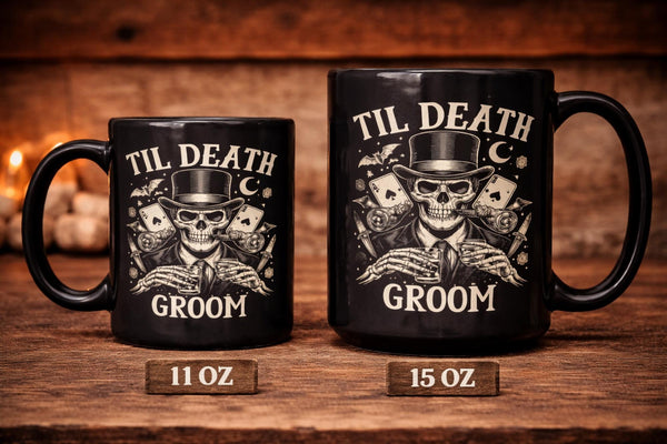 Dark romance mug set with skull bride and groom illustration til death text black ceramic cups for couples