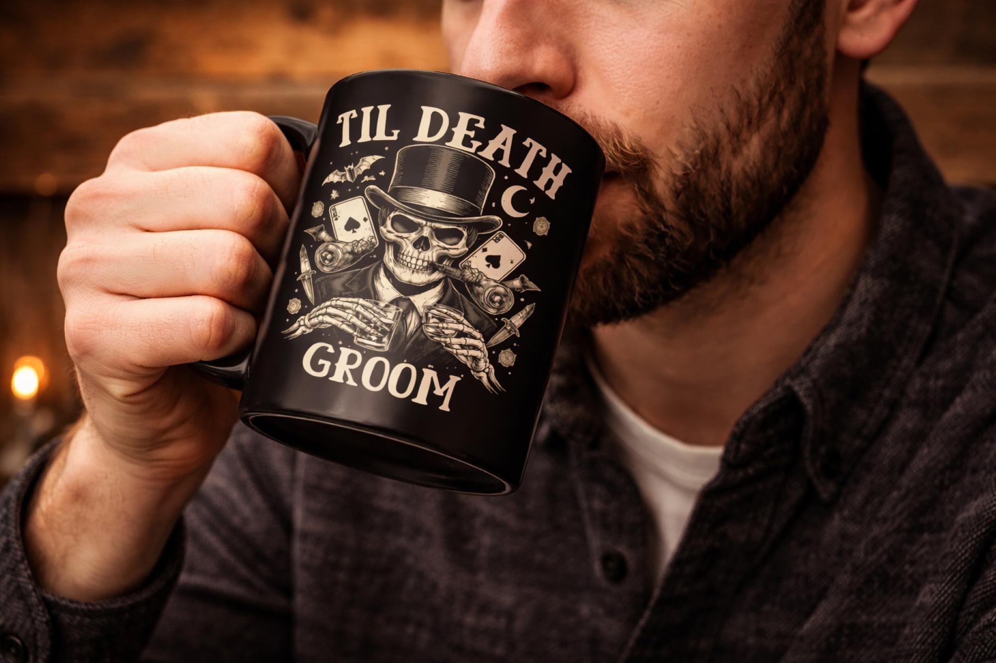 Spooky couple mug set gothic wedding gift skeleton bride groom design black coffee mugs