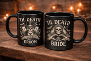 Alternative wedding mug set til death bride and groom skeleton design gothic aesthetic product mockup
