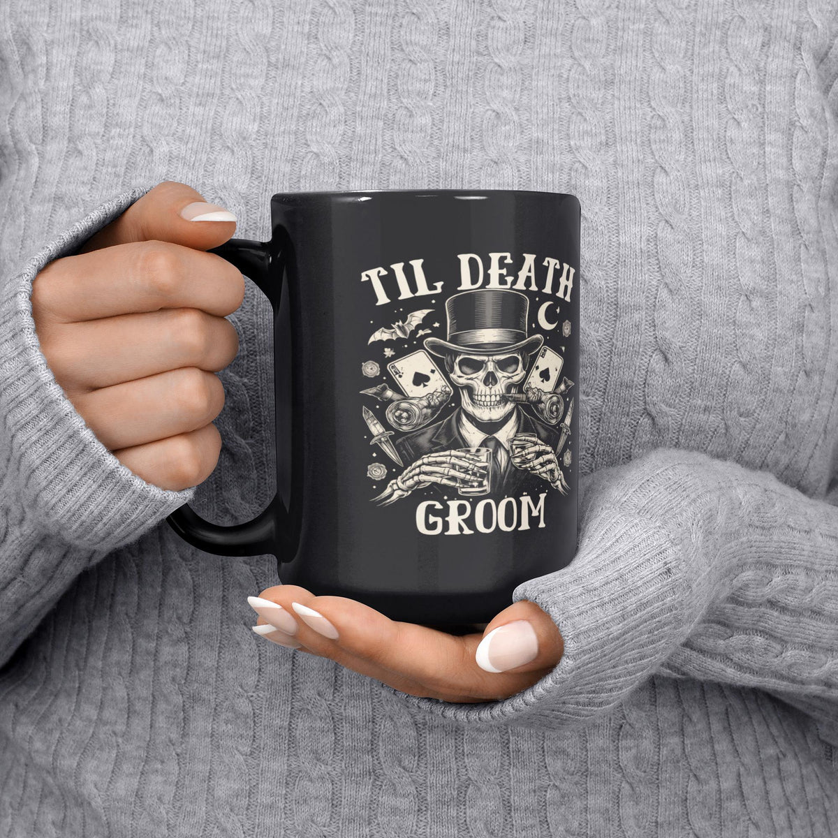 Alternative wedding mug set til death bride and groom skeleton design gothic aesthetic product mockup