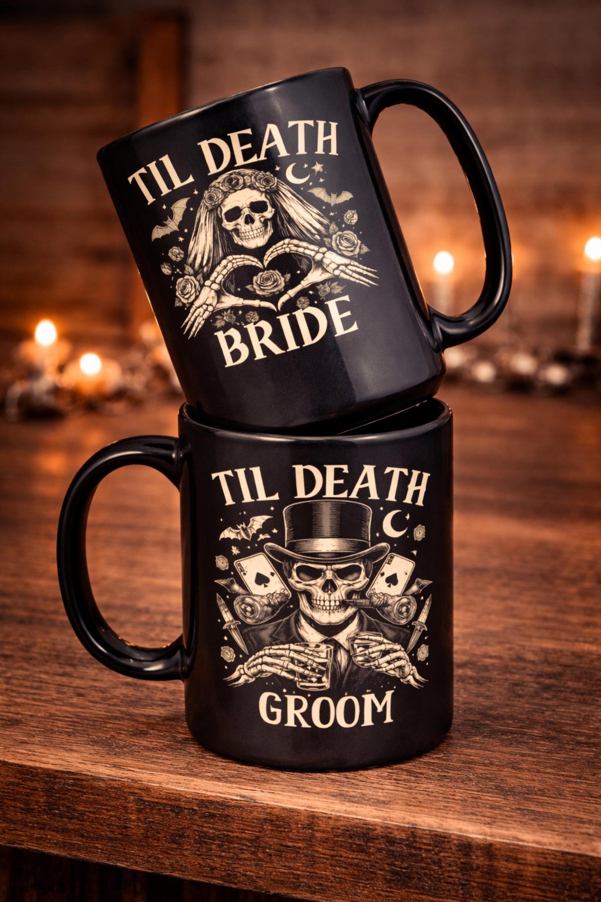 Alternative wedding mug set til death bride and groom skeleton design gothic aesthetic product mockup