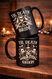 Alternative wedding mug set til death bride and groom skeleton design gothic aesthetic product mockup