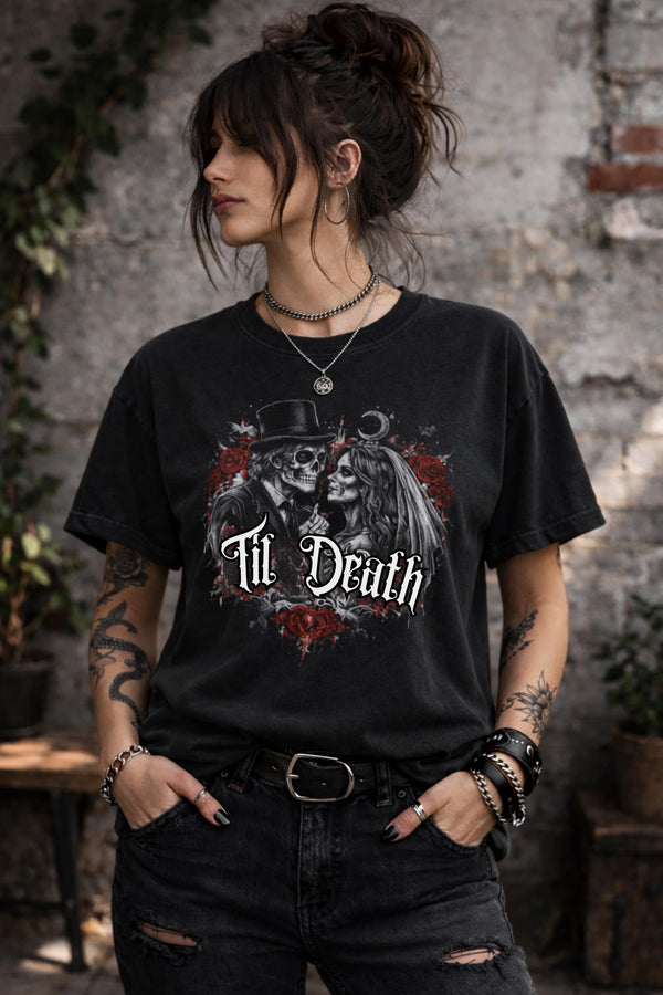 Gothic skeleton couple t-shirt with Til Death design black aesthetic shirt worn by woman with dark edgy style