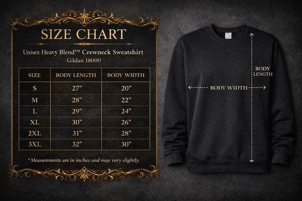 Gildan 18000 crewneck sweatshirt size chart in gothic gold frame design, black sweatshirt mockup with body width and length measurements, unisex sizing guide on dark textured background