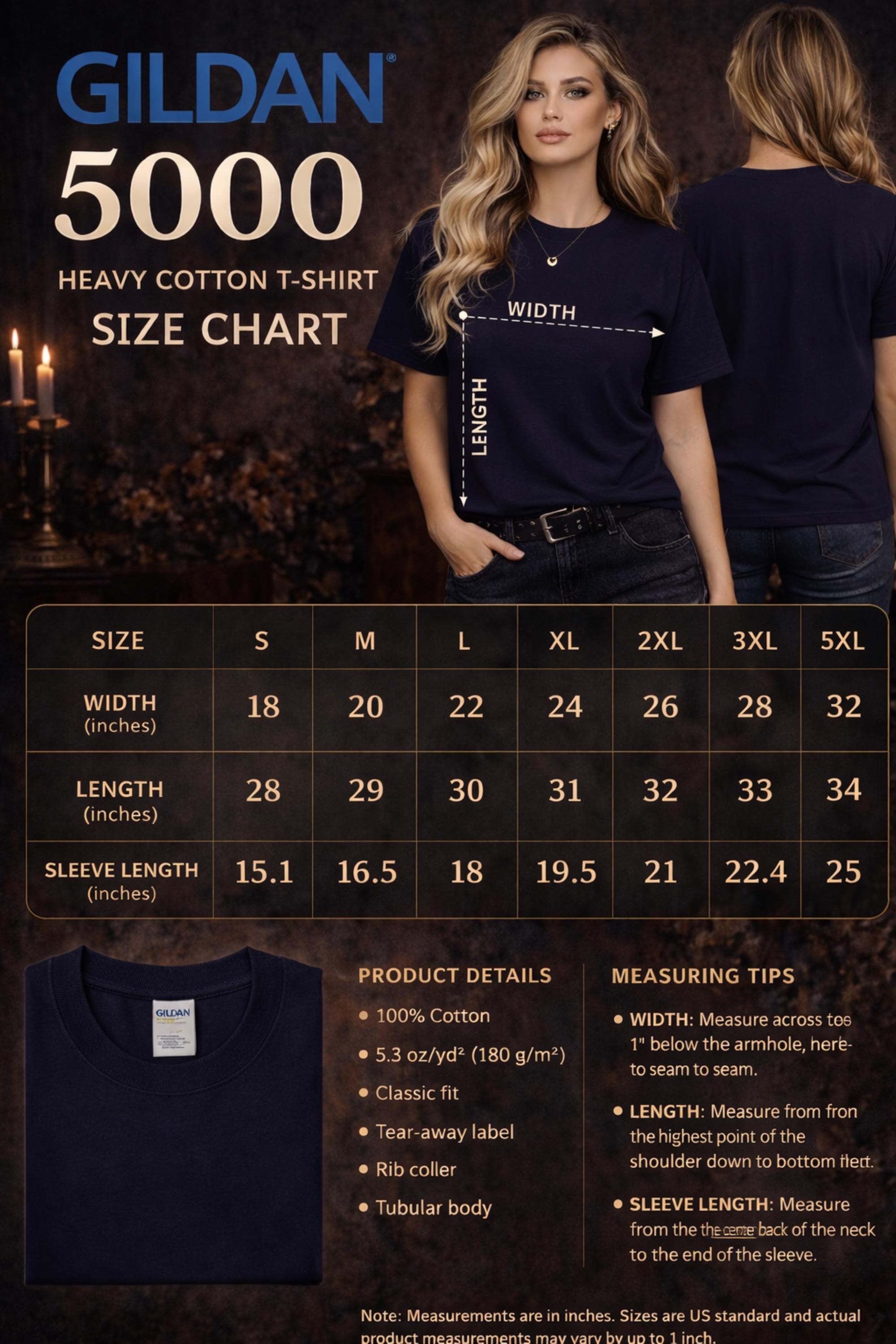 Gildan 5000 heavy cotton t-shirt size chart featuring female model in navy shirt, dark gothic aesthetic background with candles, front and back view, width length sleeve measurements and sizing table