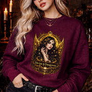 woman wearing black gildan 18000 crewneck sweatshirt with gothic dark feminine celestial design