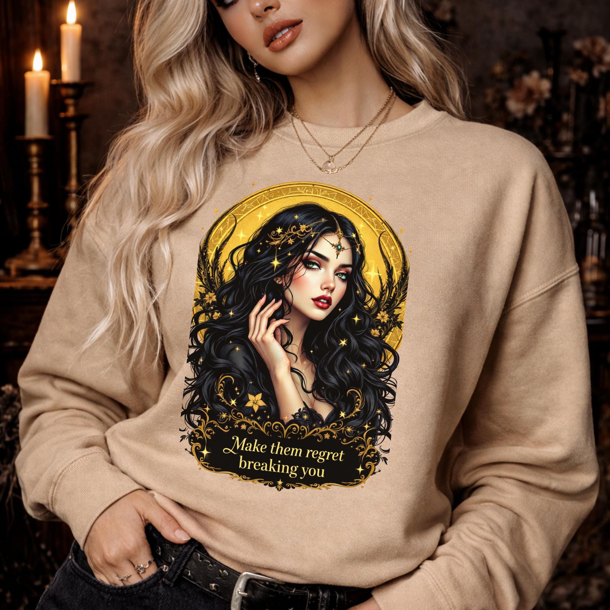 woman wearing black gildan 18000 crewneck sweatshirt with gothic dark feminine celestial design