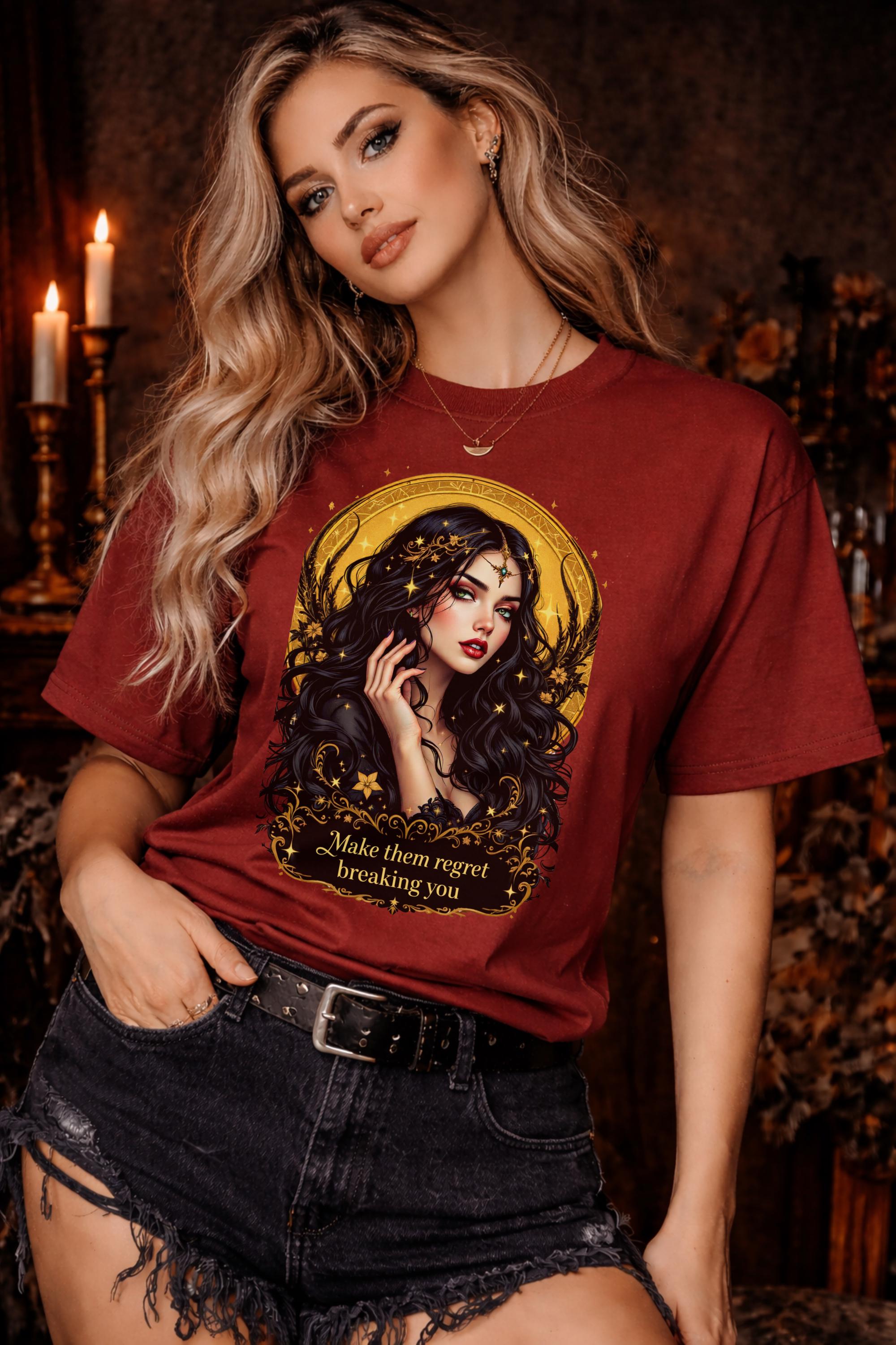 woman wearing Gildan 5000 gothic graphic t shirt with dark feminine celestial design in black aesthetic style