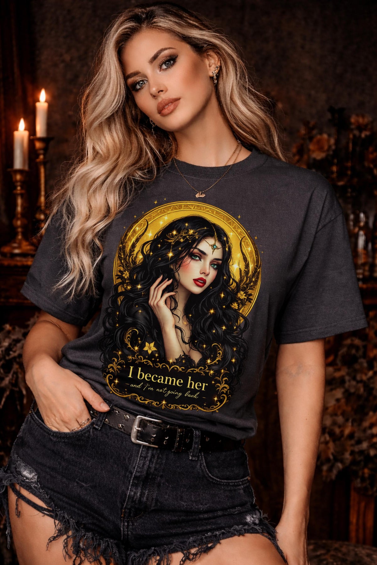 woman wearing Gildan 5000 gothic graphic t shirt with dark feminine celestial design in black aesthetic style