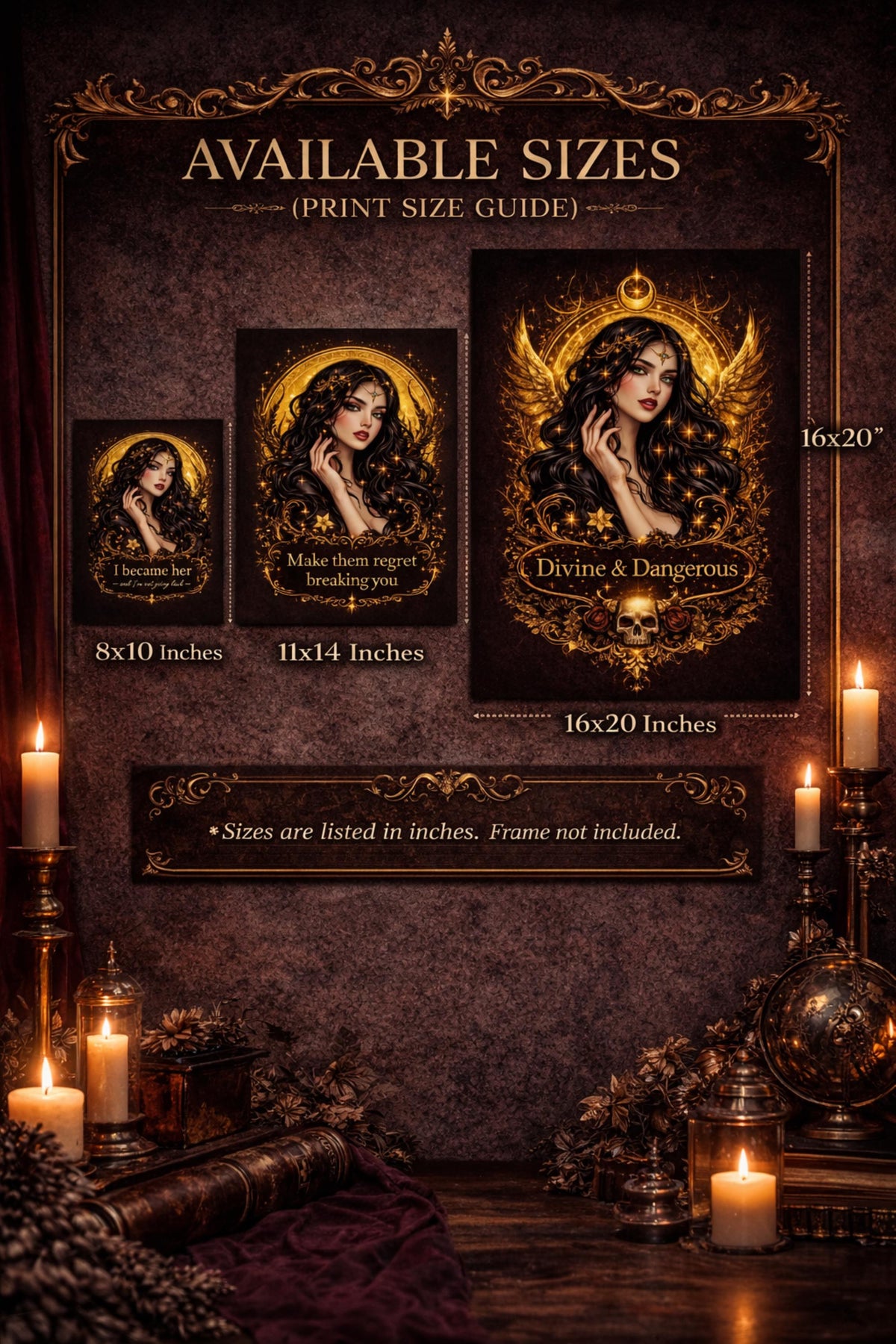 Gothic wall art size chart showing available print sizes 8x10, 11x14, and 16x20 inches with dark feminine artwork examples on a black and gold background.