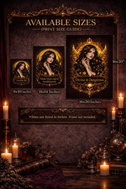 Gothic wall art size chart showing available print sizes 8x10, 11x14, and 16x20 inches with dark feminine artwork examples on a black and gold background.