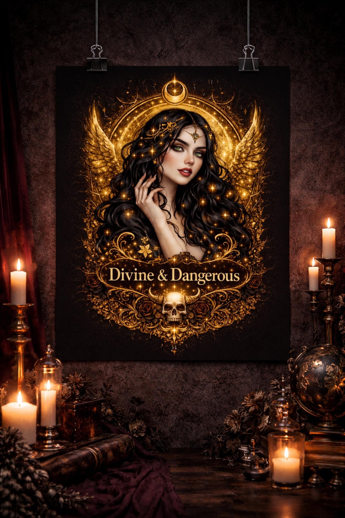 Matte poster featuring a dark feminine portrait with gold celestial halo, wings, and ornate gothic details, with the phrase “Divine & Dangerous” on a black background.
