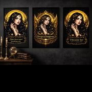 Three framed gothic art prints showing a dark-haired woman with gold celestial halos and ornate detailing, each featuring different empowering quotes on a black background.