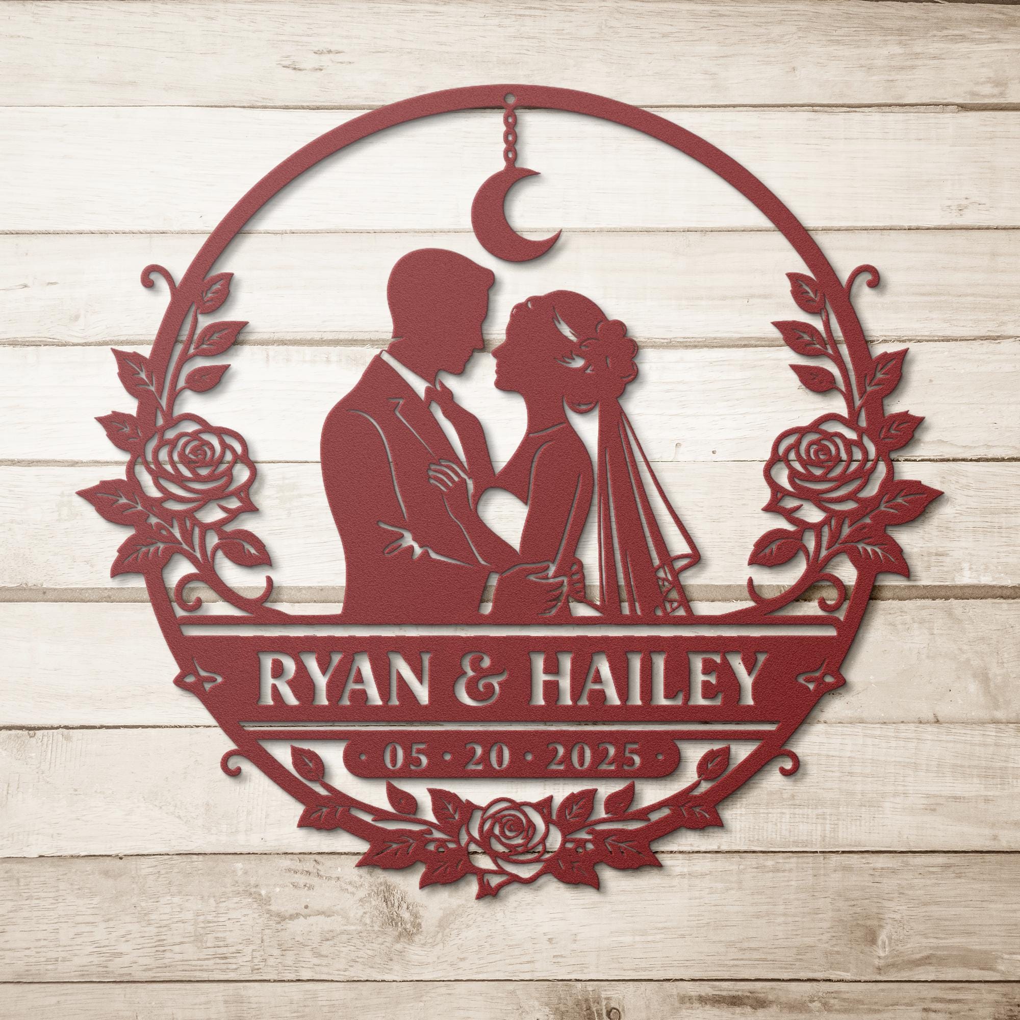 Minimal wedding decor sign with couple design displayed above mantel with soft lighting