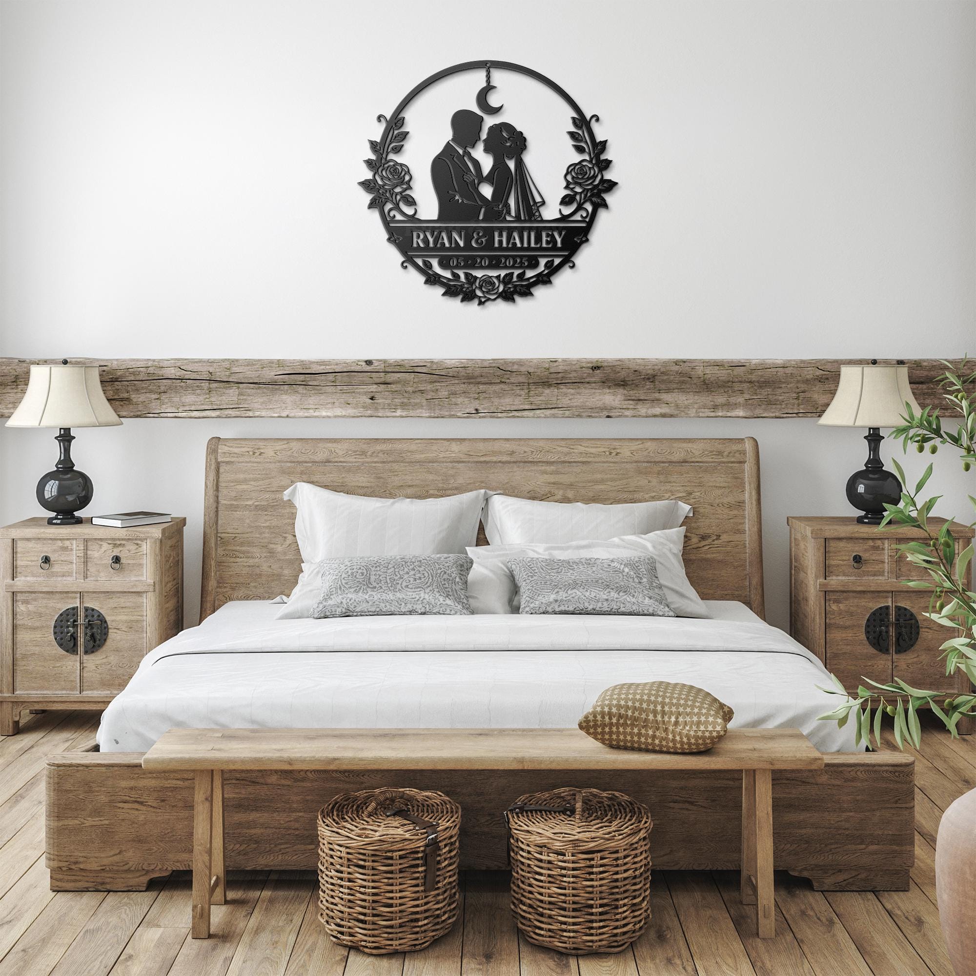 Elegant couple design metal decor showcased in cozy home interior with candles and greenery