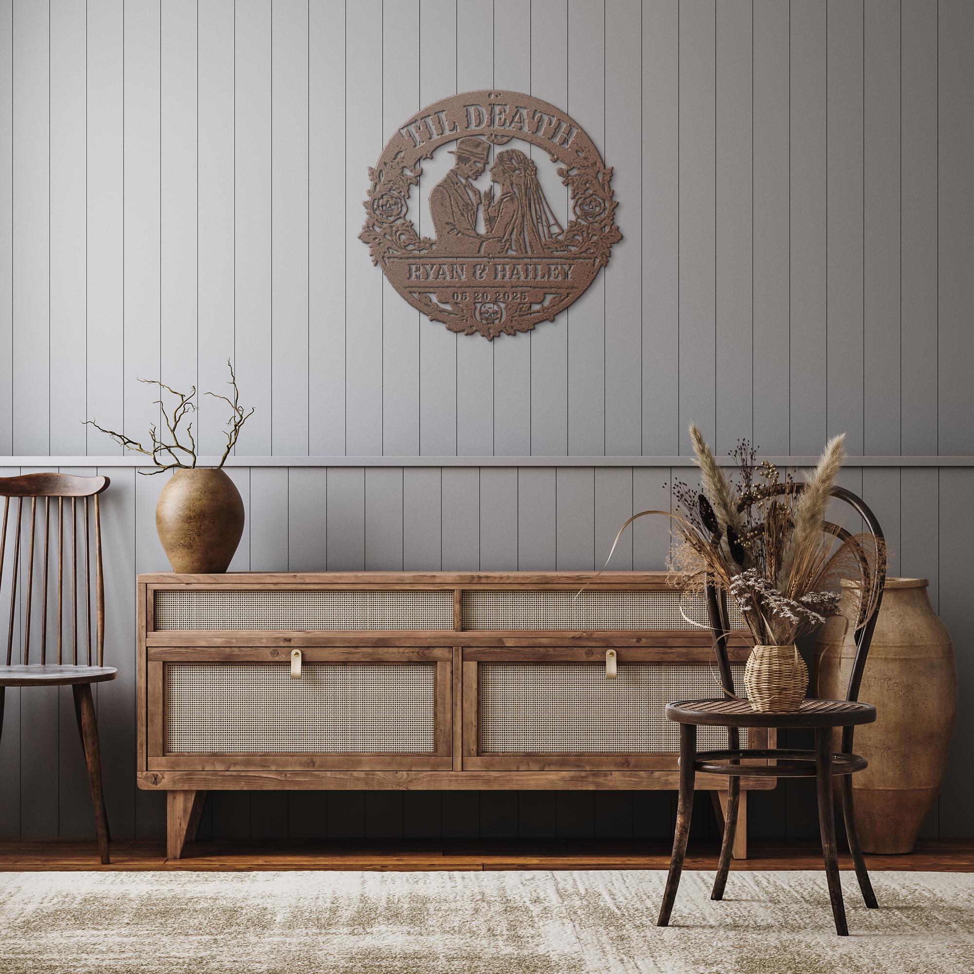 Elegant alternative wedding wall art featuring couple illustration placed above console in cozy room