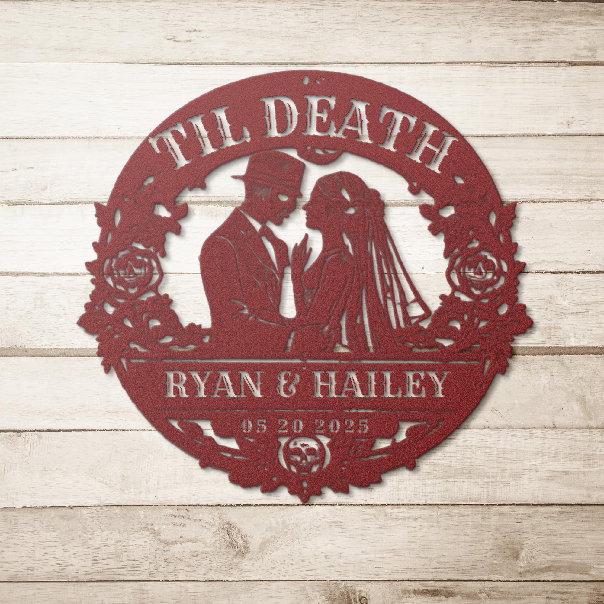 Custom name decor with til death theme displayed in rustic setting with soft lighting and decorative accents