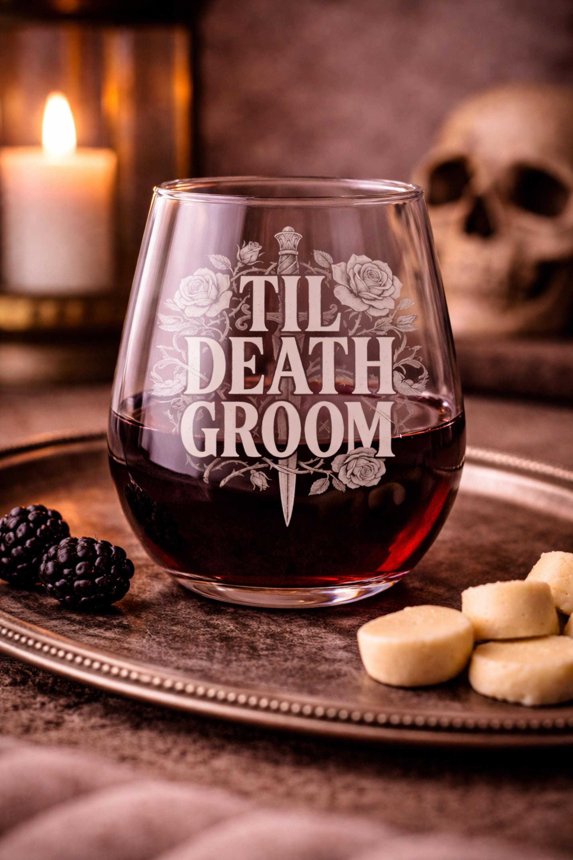 Groom wine glass gothic til death design stemless glass alternative wedding gift