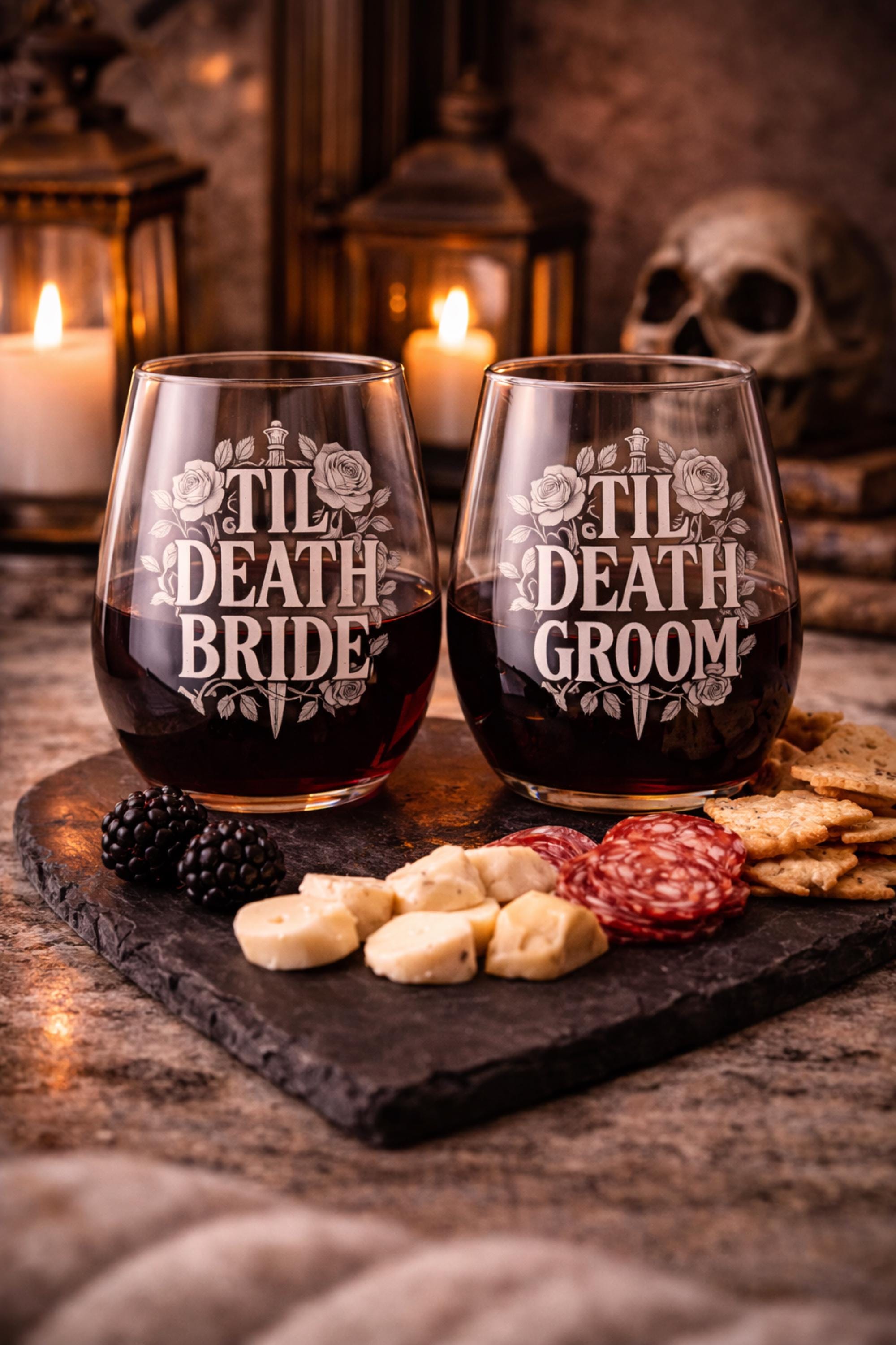 Gothic wedding drinkware til death bride groom design stemless wine glasses