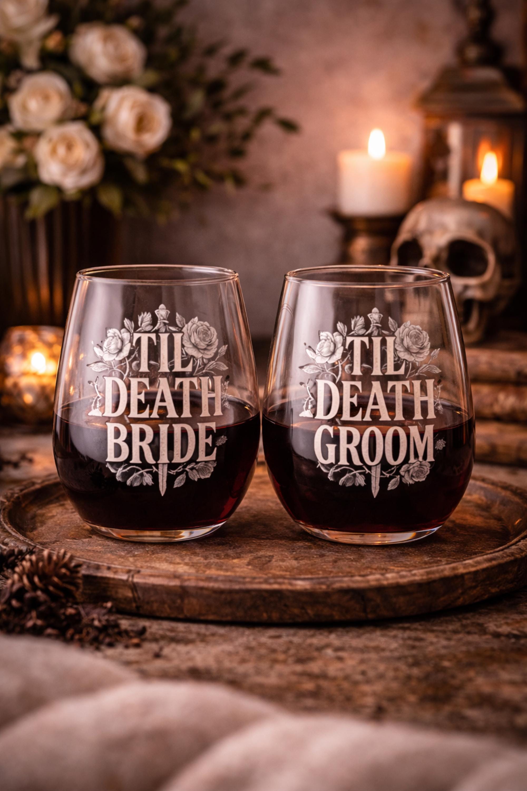 Til death bride wine glass gothic design with roses and dagger dark wedding drinkware