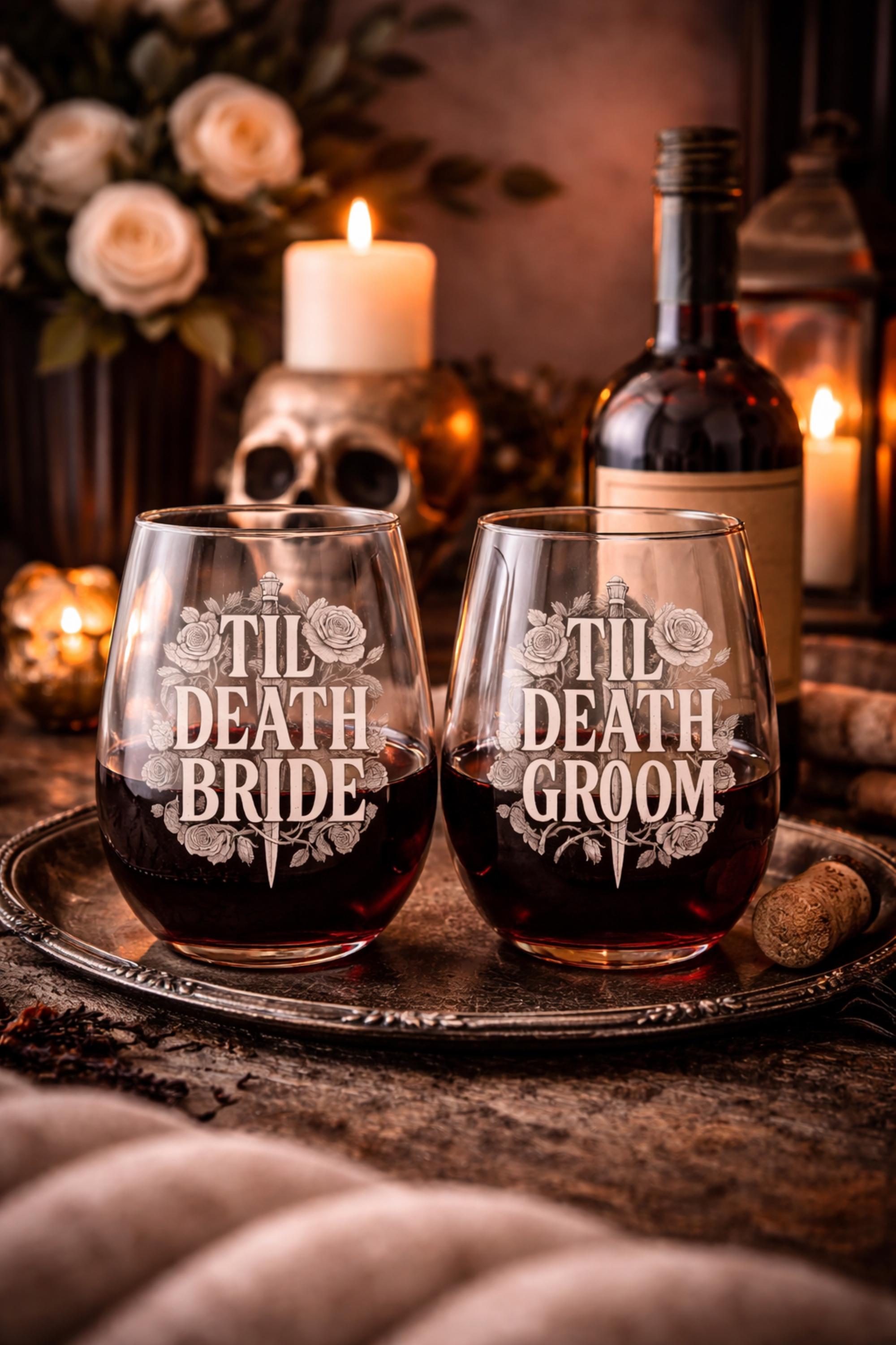 Til death bride wine glass gothic design with roses and dagger dark wedding drinkware