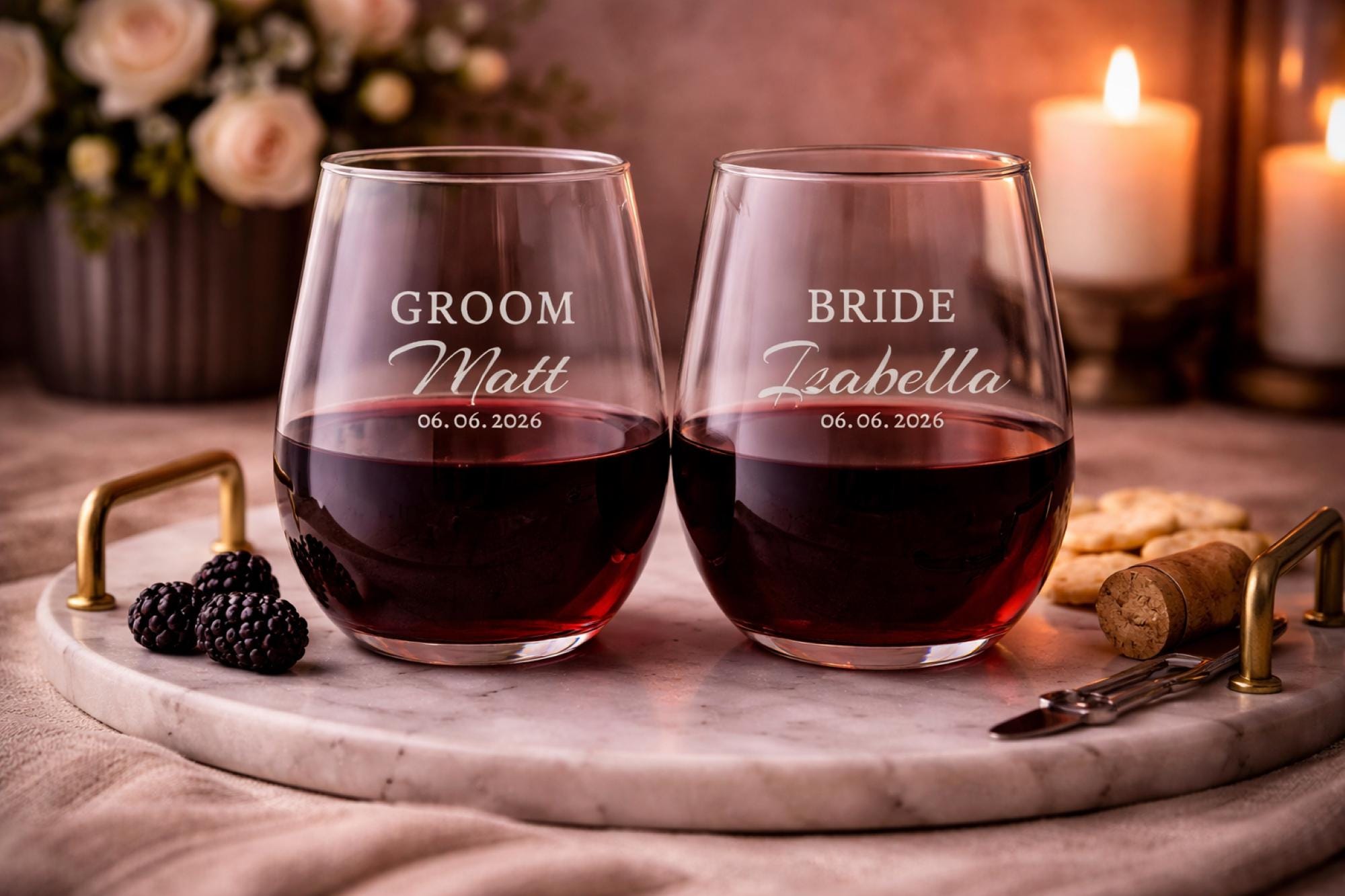 Custom drinkware featuring names and date in stylish typography for special occasions