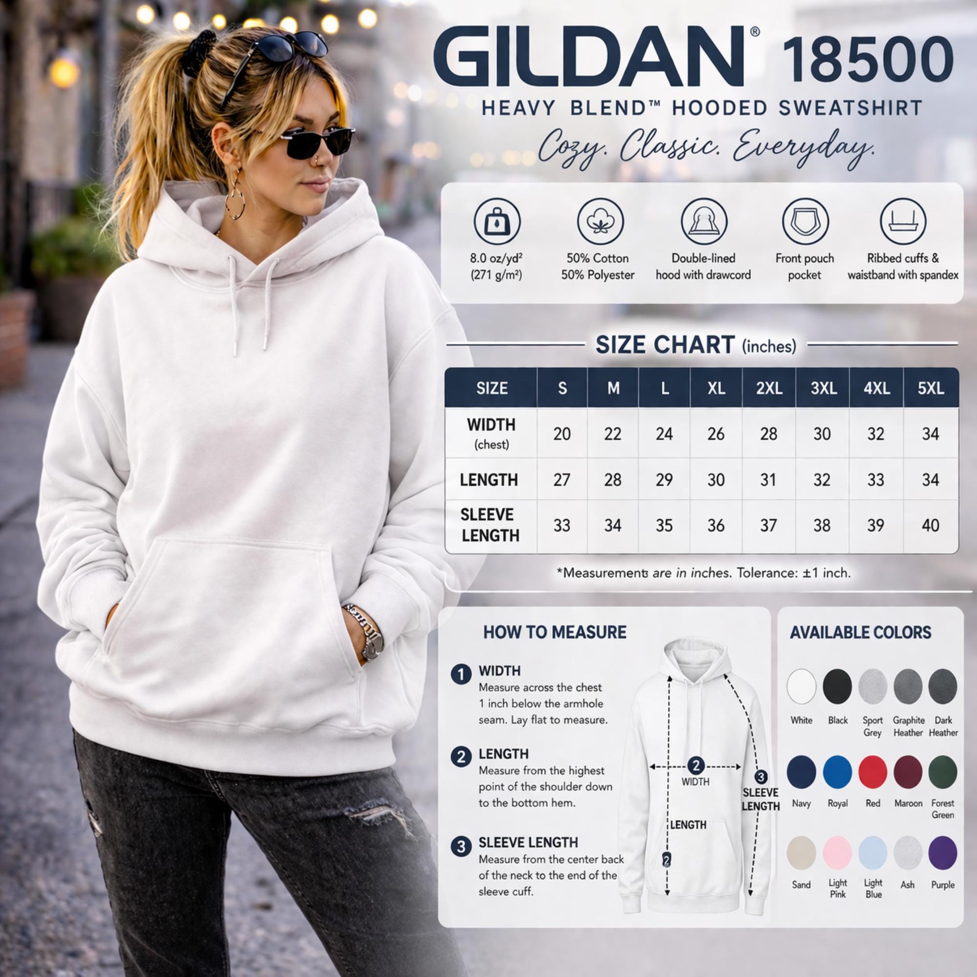 Gildan 18500 hoodie size chart showing measurements for width, length, and sleeve length from small to 5XL with sizing guide and hoodie features.