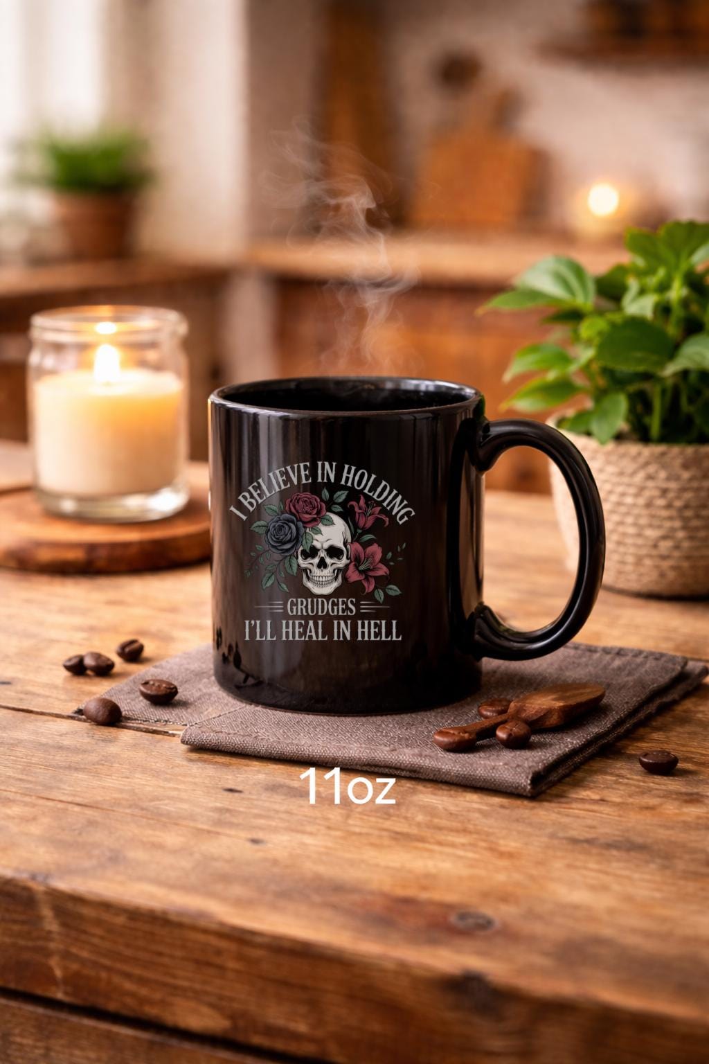 I Believe in Holding Grudges Mug – Skull Floral Gothic Coffee Cup – Dark Humor Gift – 11oz 15oz Ceramic Mug