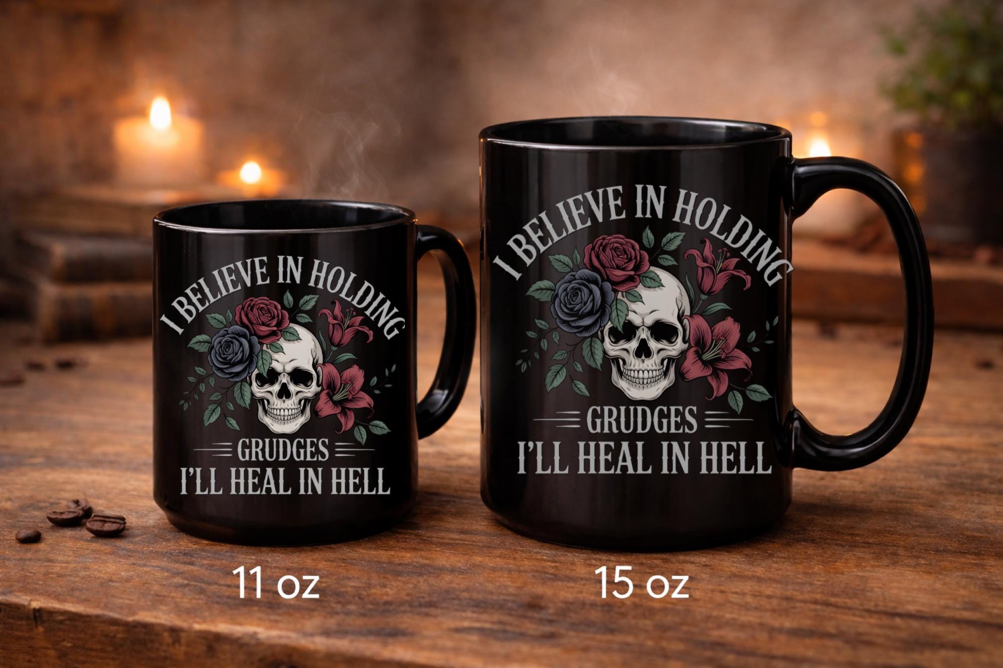 I Believe in Holding Grudges Mug – Skull Floral Gothic Coffee Cup – Dark Humor Gift – 11oz 15oz Ceramic Mug