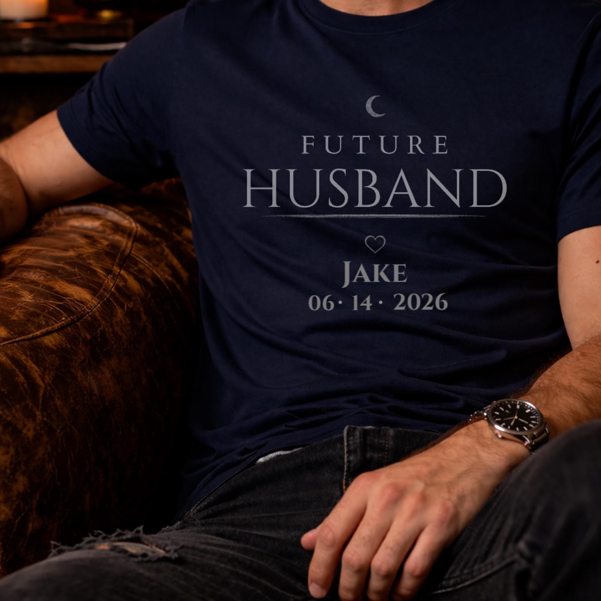 matching future husband and future wife shirts with personalized names and date worn by couple in moody dark romance style