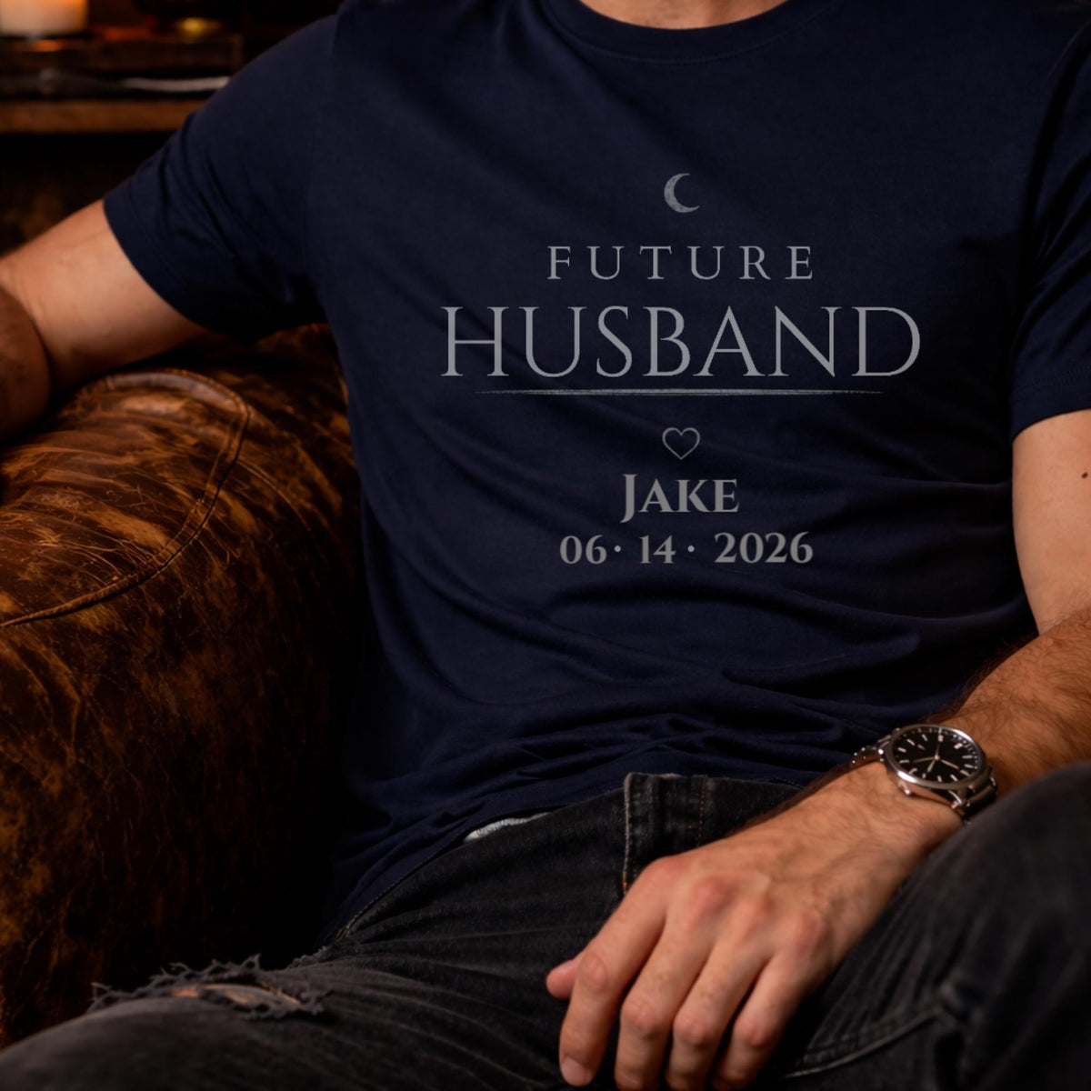 matching future husband and future wife shirts with personalized names and date worn by couple in moody dark romance style