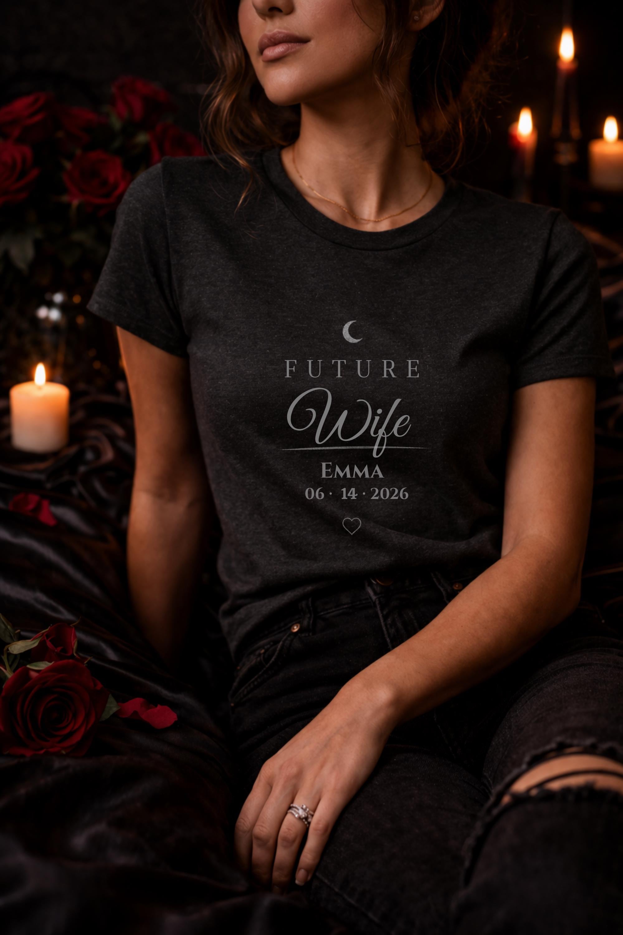 matching future husband and future wife shirts with personalized names and date worn by couple in moody dark romance style