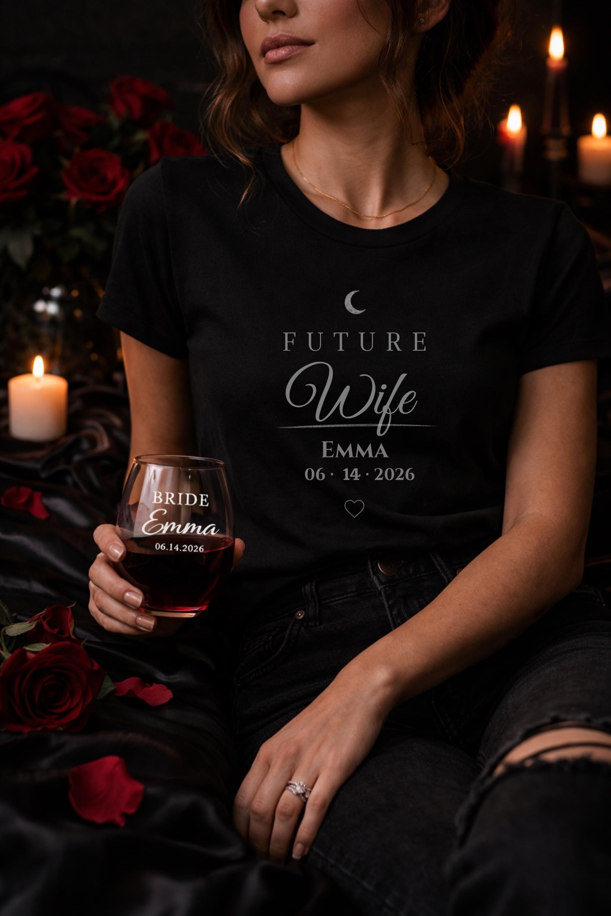matching future husband and future wife shirts with personalized names and date worn by couple in moody dark romance style