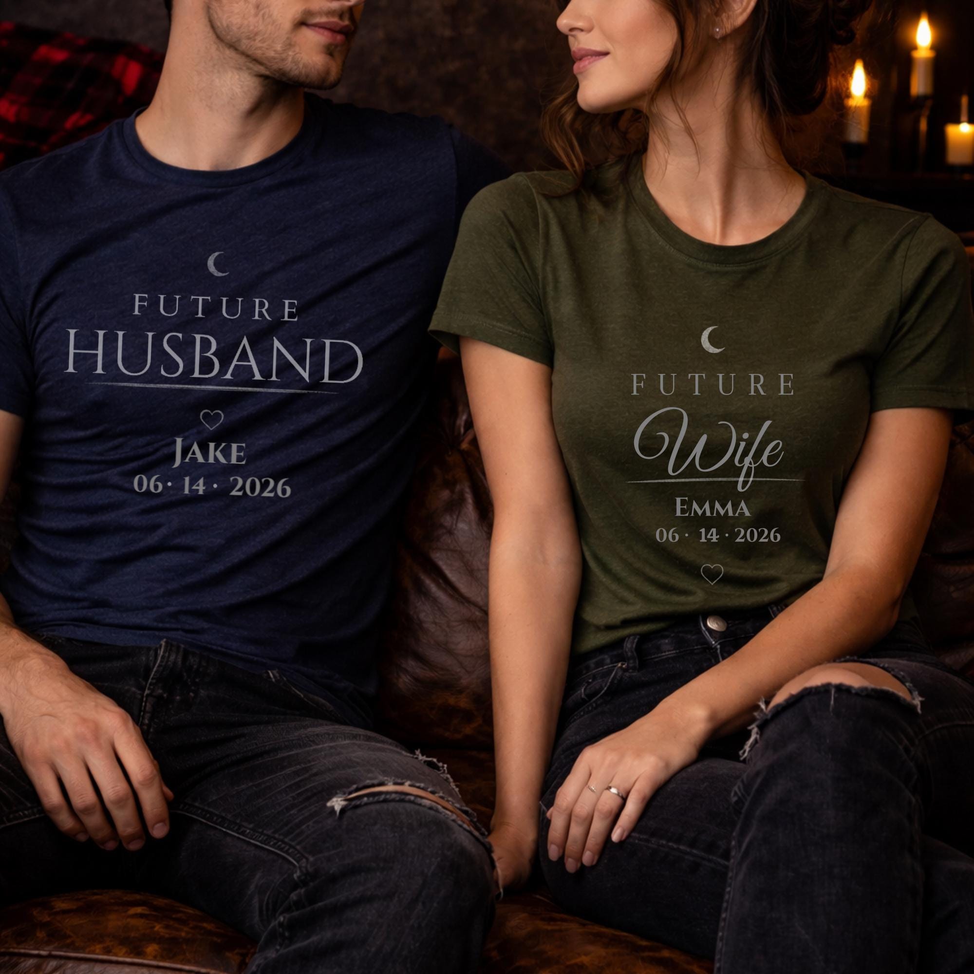 matching future husband and future wife shirts with personalized names and date worn by couple in moody dark romance style