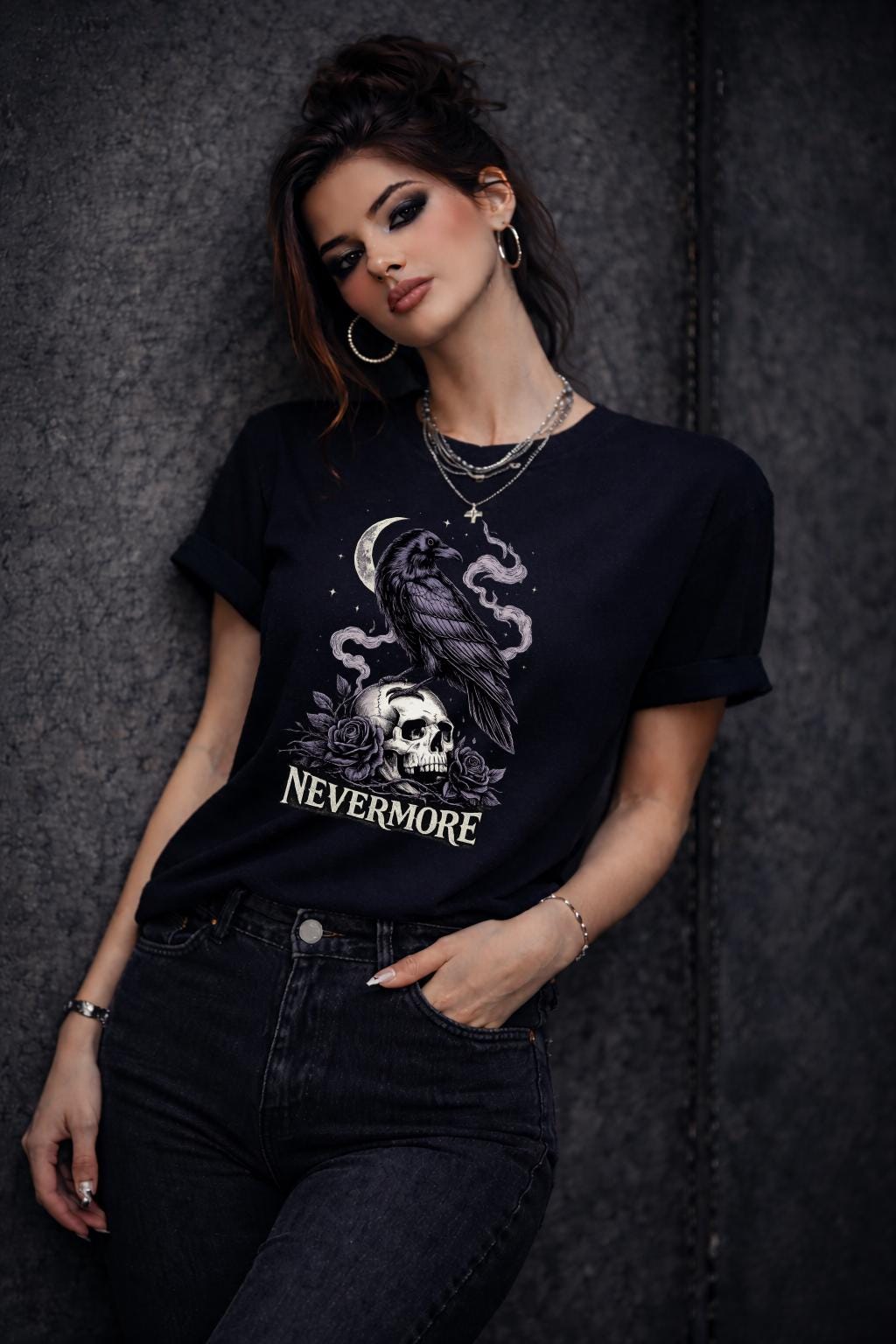 gothic raven perched on skull with roses and crescent moon featuring nevermore text in dark aesthetic style