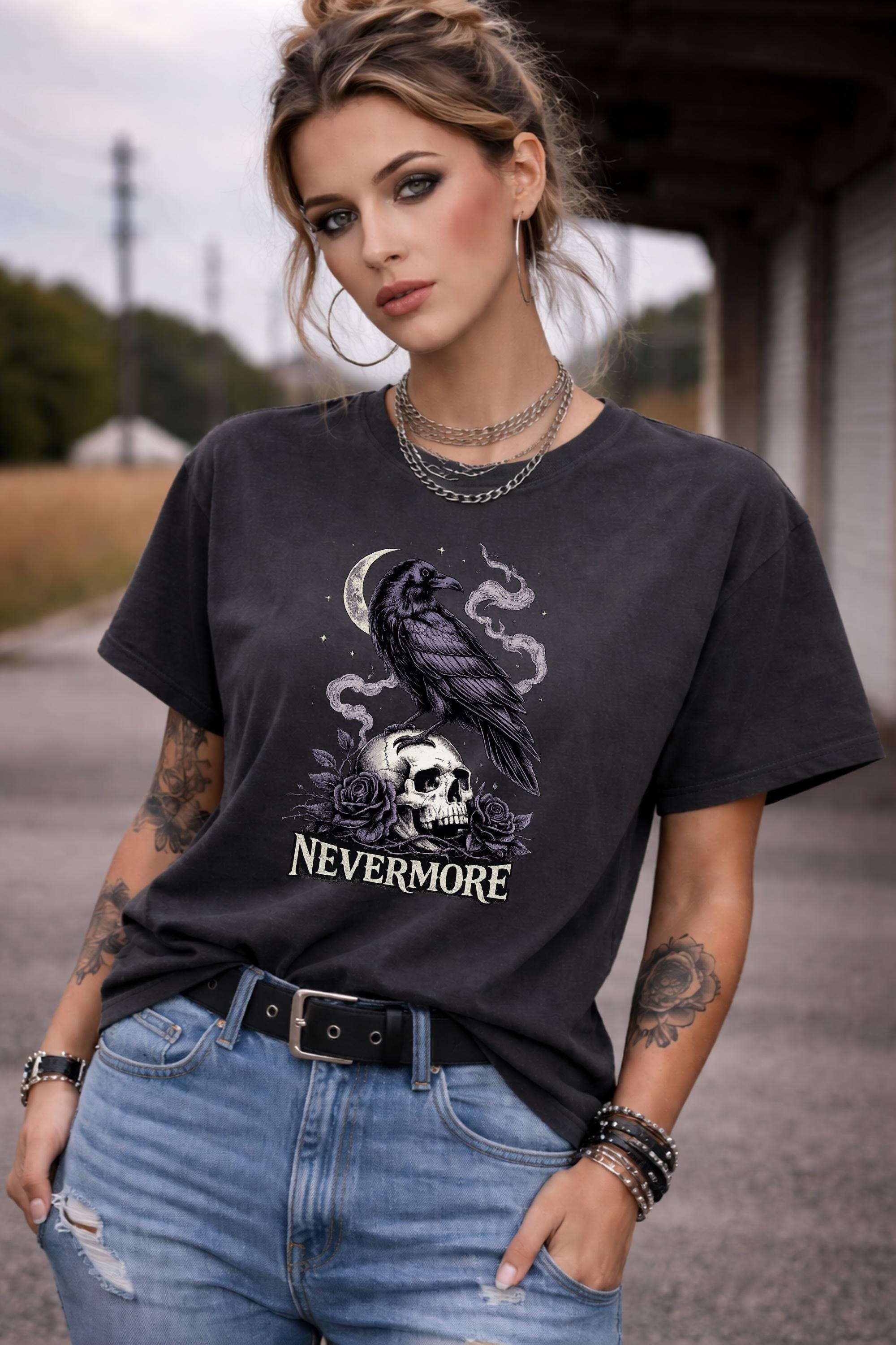 gothic raven perched on skull with roses and crescent moon featuring nevermore text in dark aesthetic style