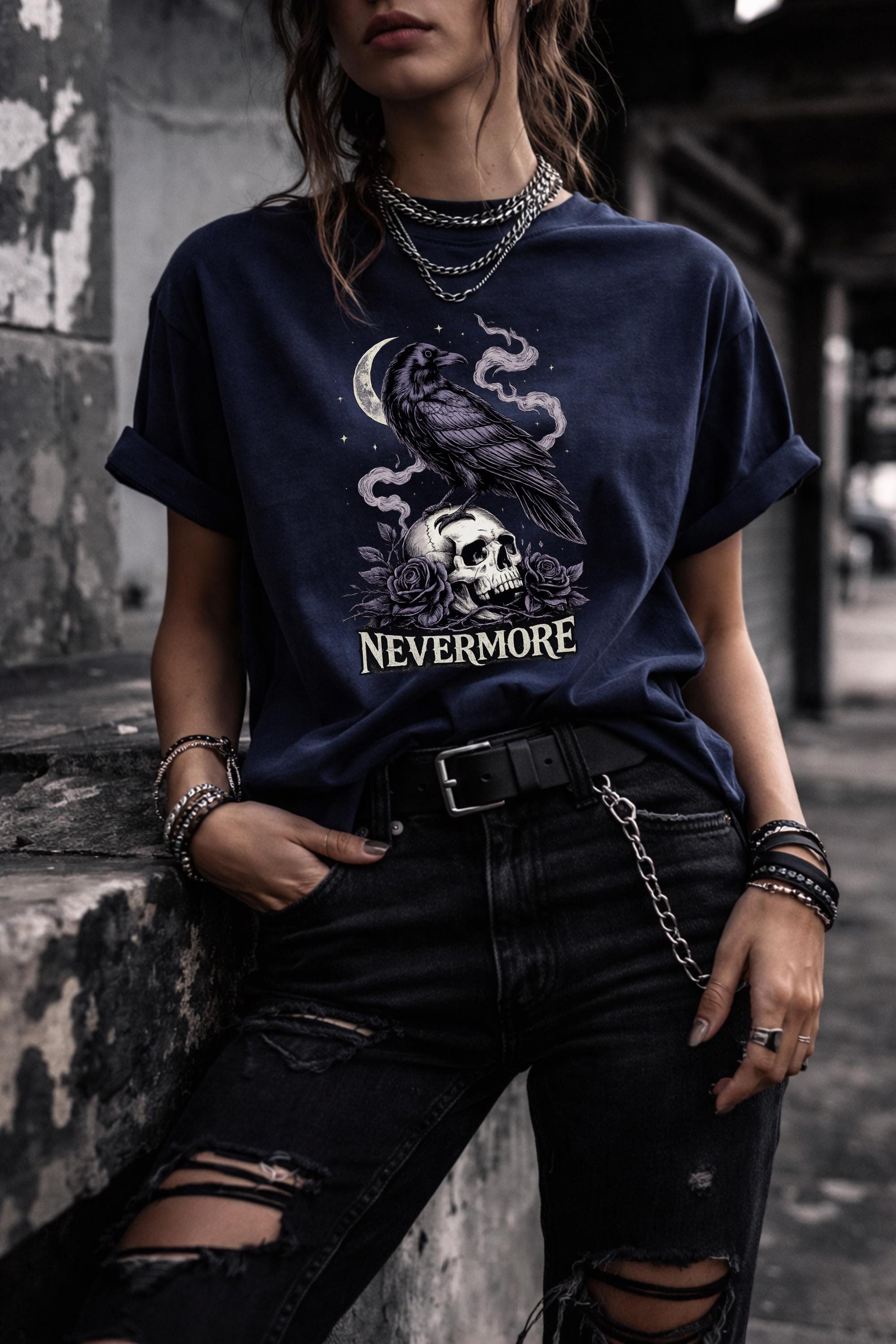gothic raven perched on skull with roses and crescent moon featuring nevermore text in dark aesthetic style