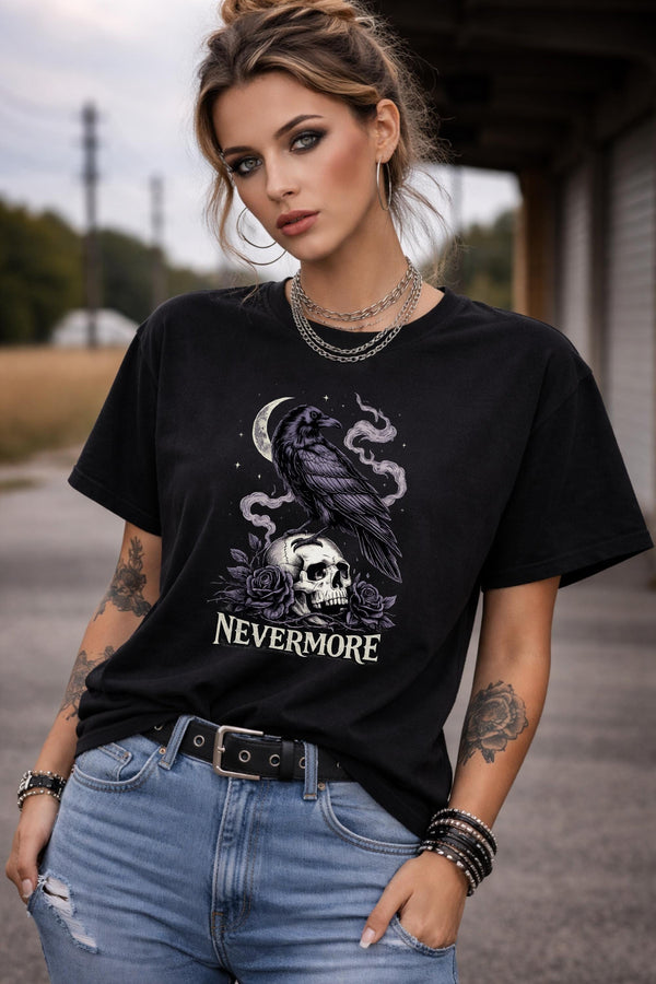 gothic raven perched on skull with roses and crescent moon featuring nevermore text in dark aesthetic style