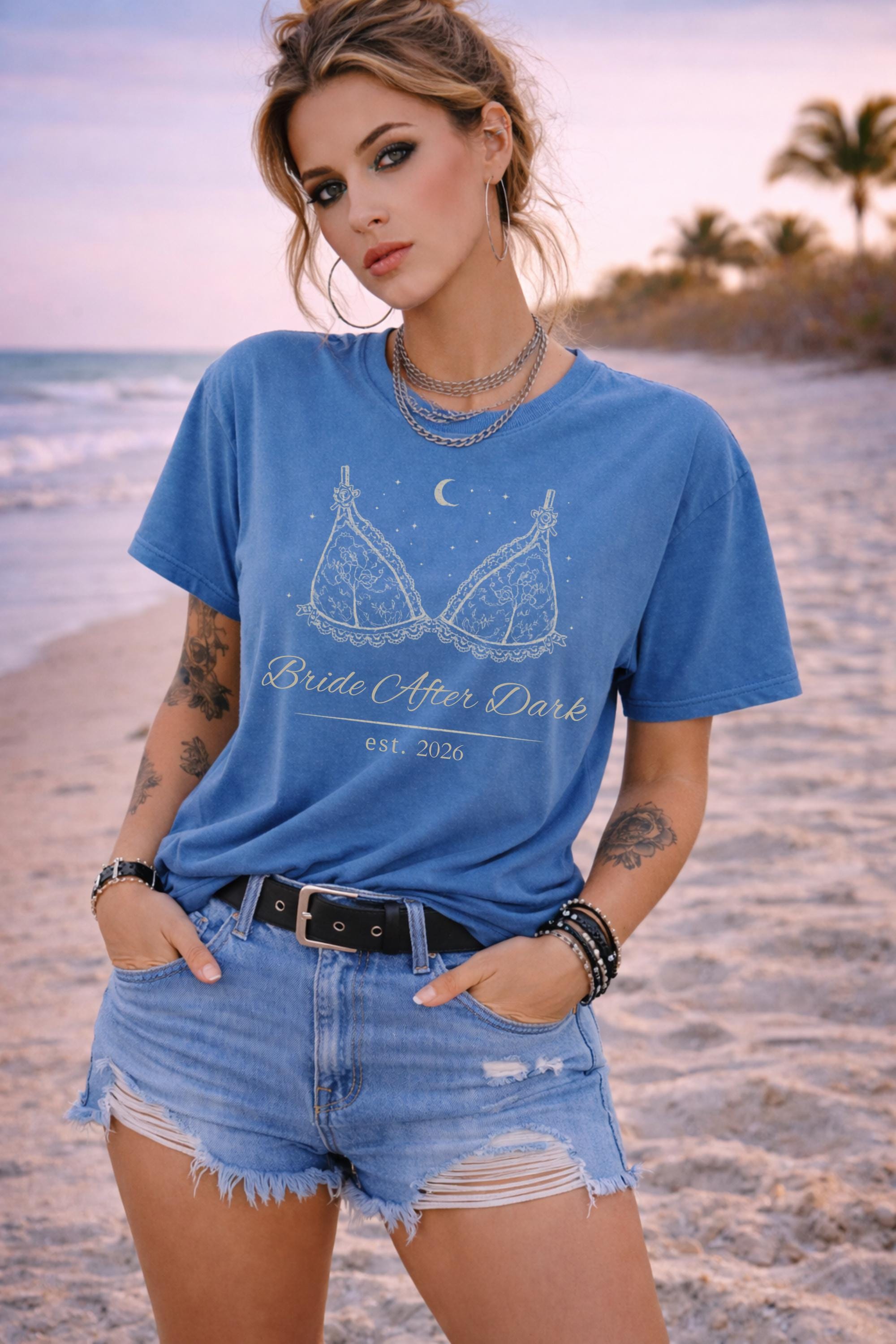dark romance bride after dark design printed on comfort colors t-shirt with lace lingerie graphic and moon details