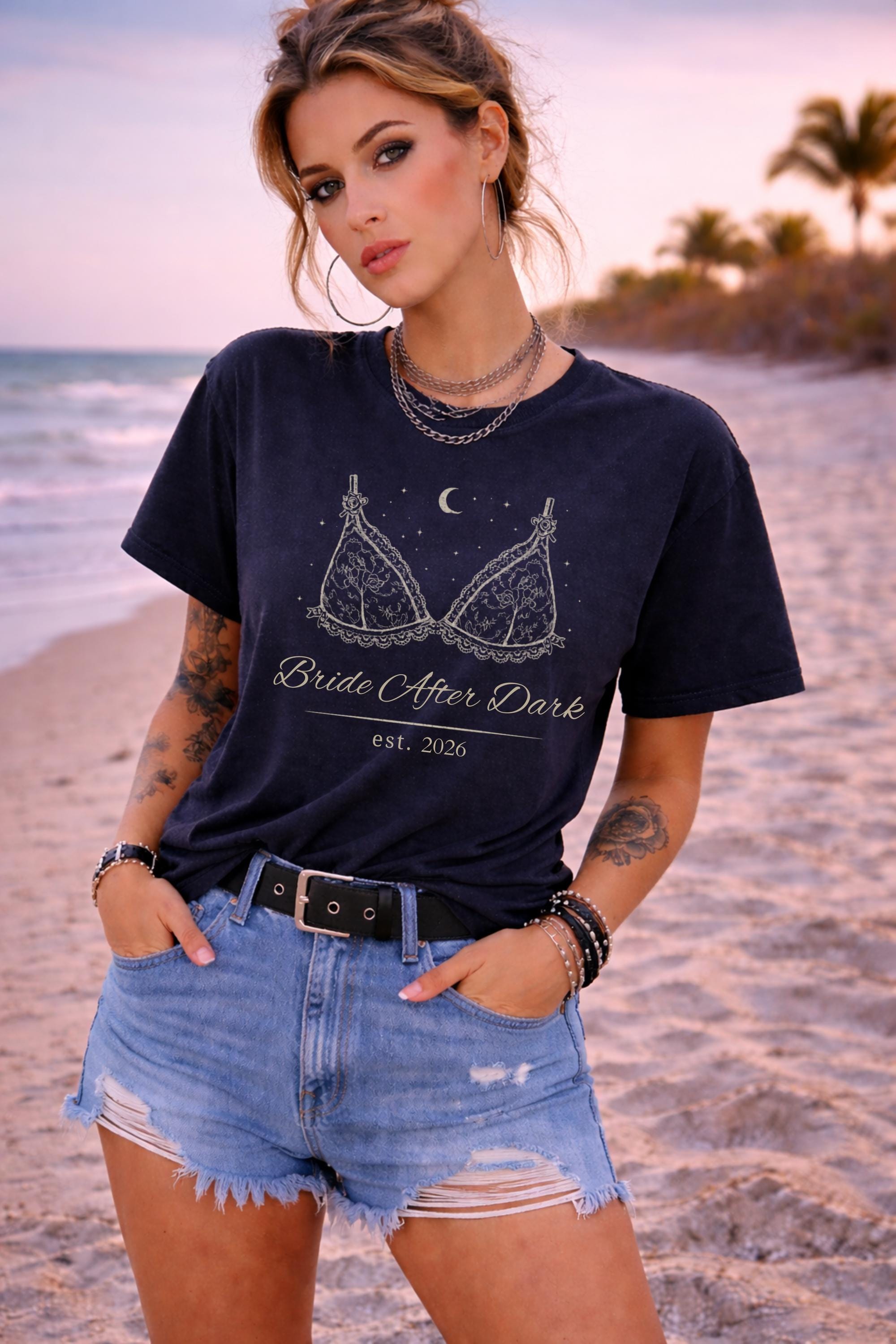 dark romance bride after dark design printed on comfort colors t-shirt with lace lingerie graphic and moon details