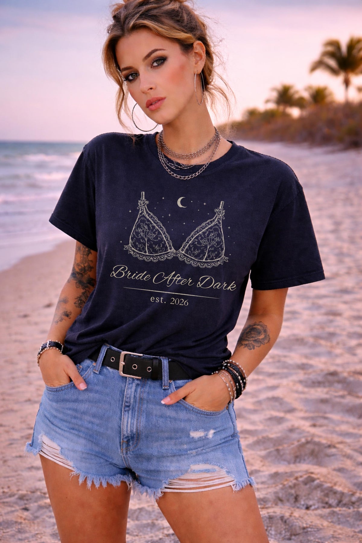dark romance bride after dark design printed on comfort colors t-shirt with lace lingerie graphic and moon details